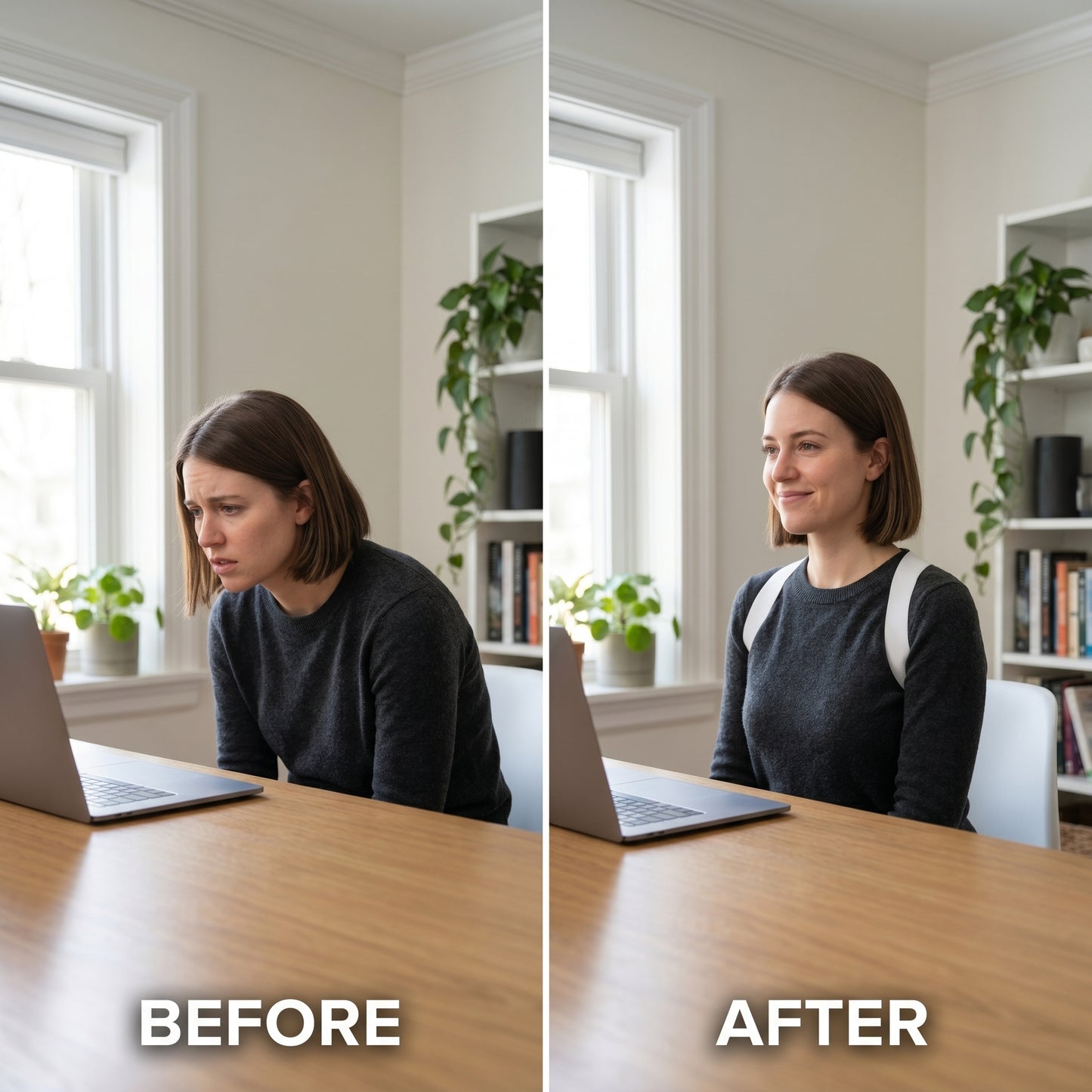 Before and after using AlignX Pro posture corrector — same woman 14 days apart