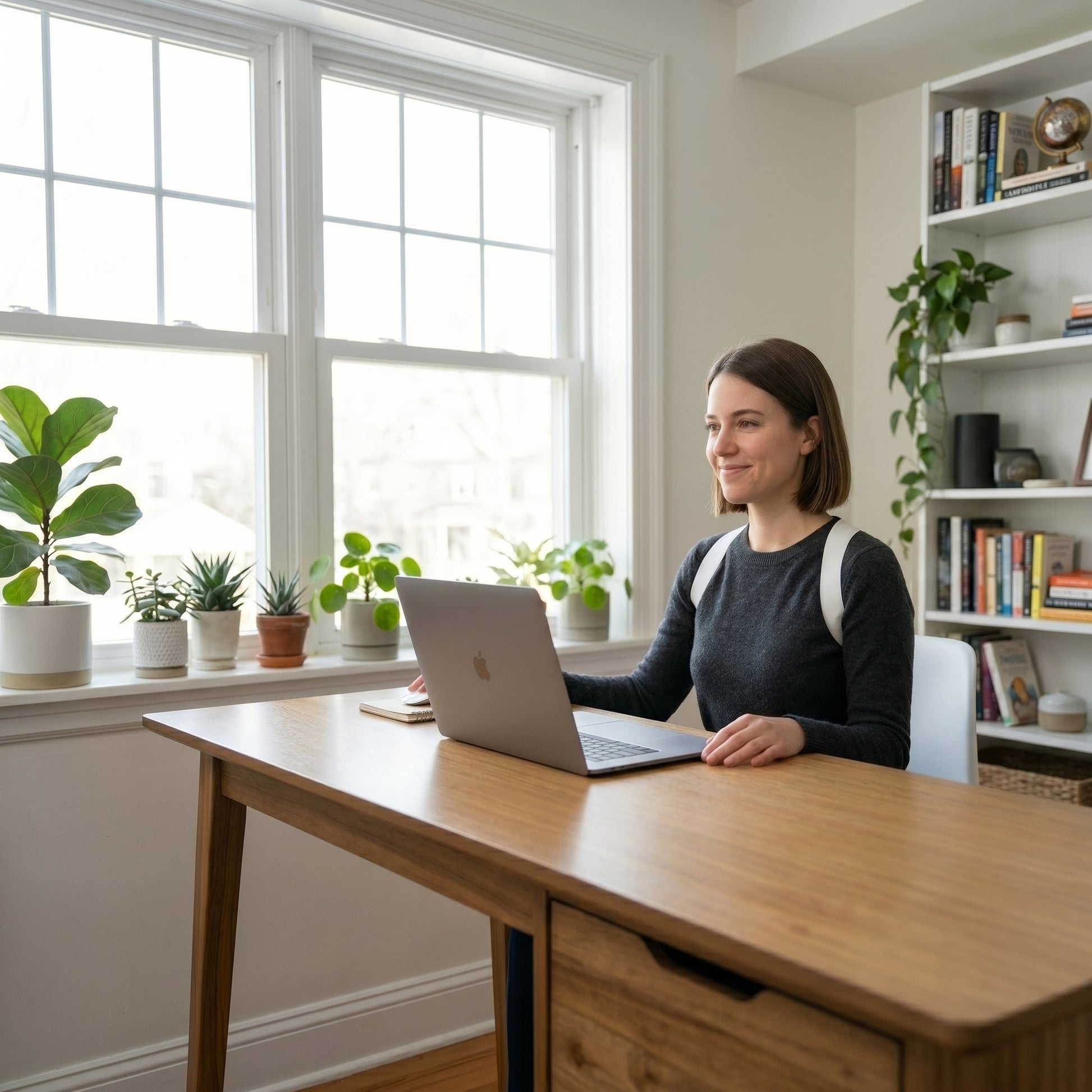 Home office setup with AlignX Pro smart posture corrector in use