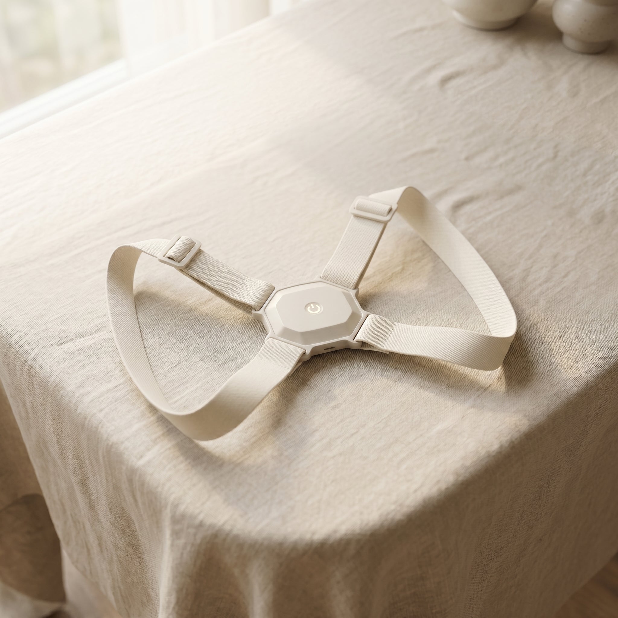AlignX Pro posture corrector on linen fabric — minimalist premium design