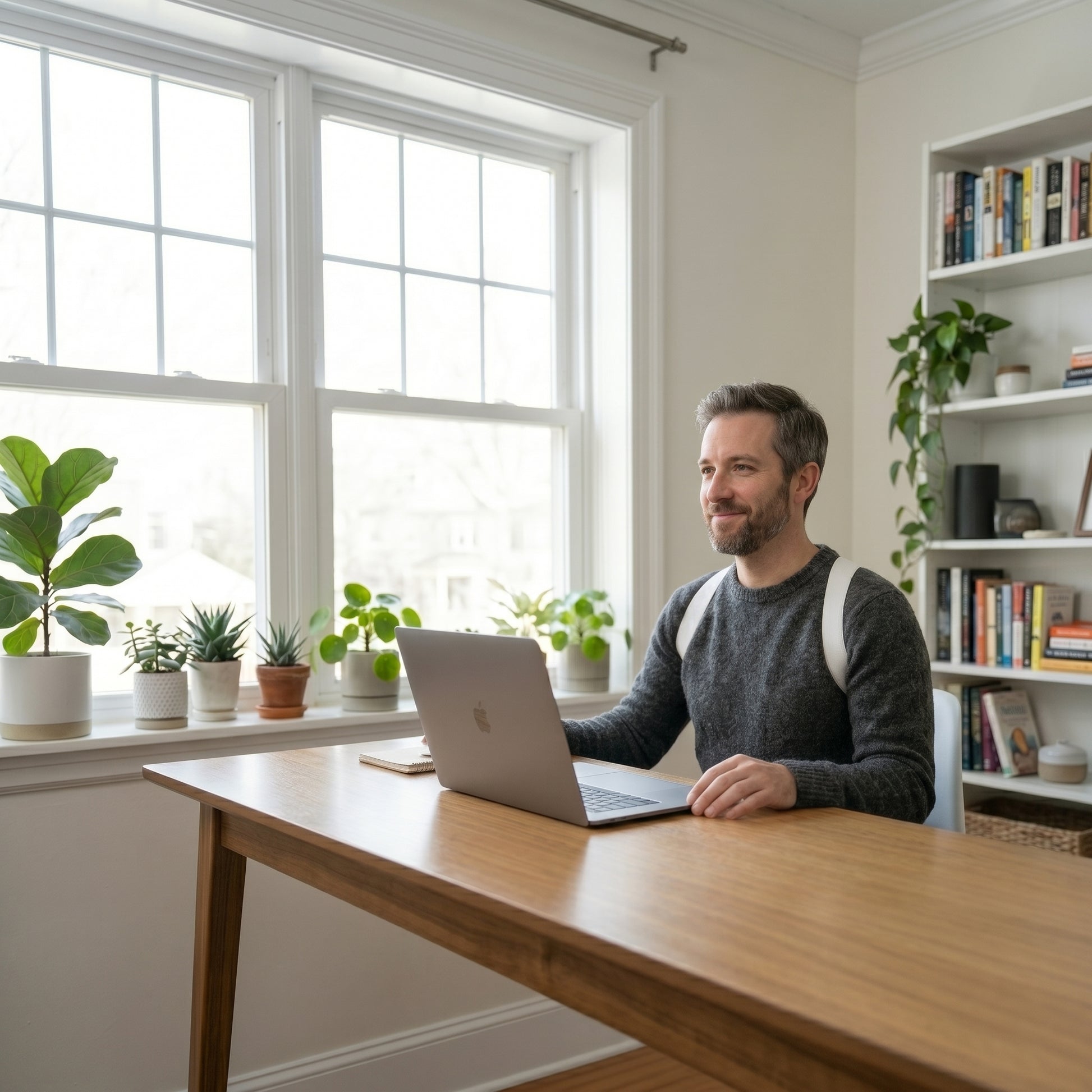 Man working at desk wearing AlignX Pro smart posture corrector brace