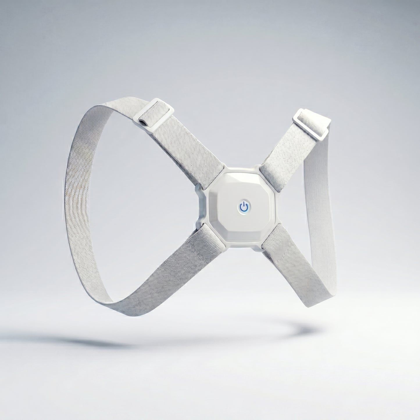 AlignX Pro smart posture corrector brace — white rechargeable design with blue power button