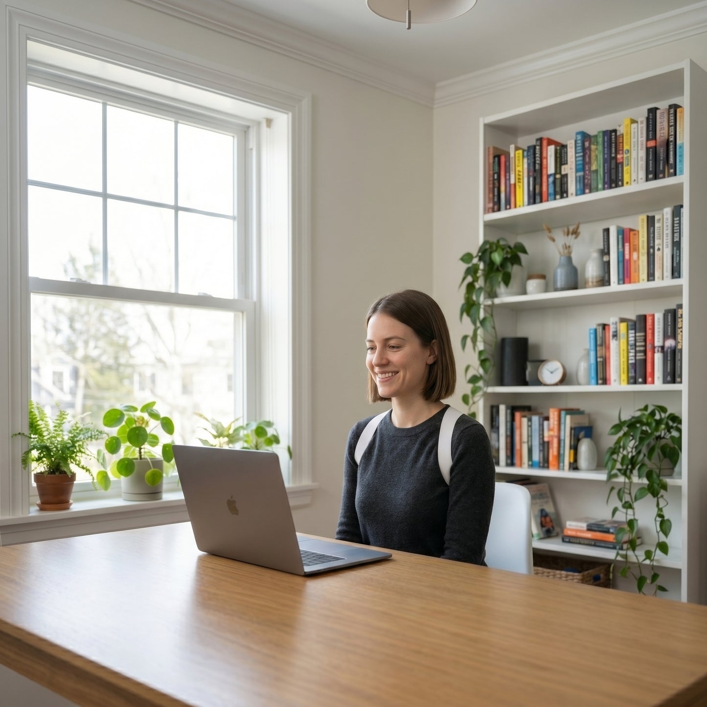 Woman working from home wearing AlignX Pro posture corrector with perfect posture
